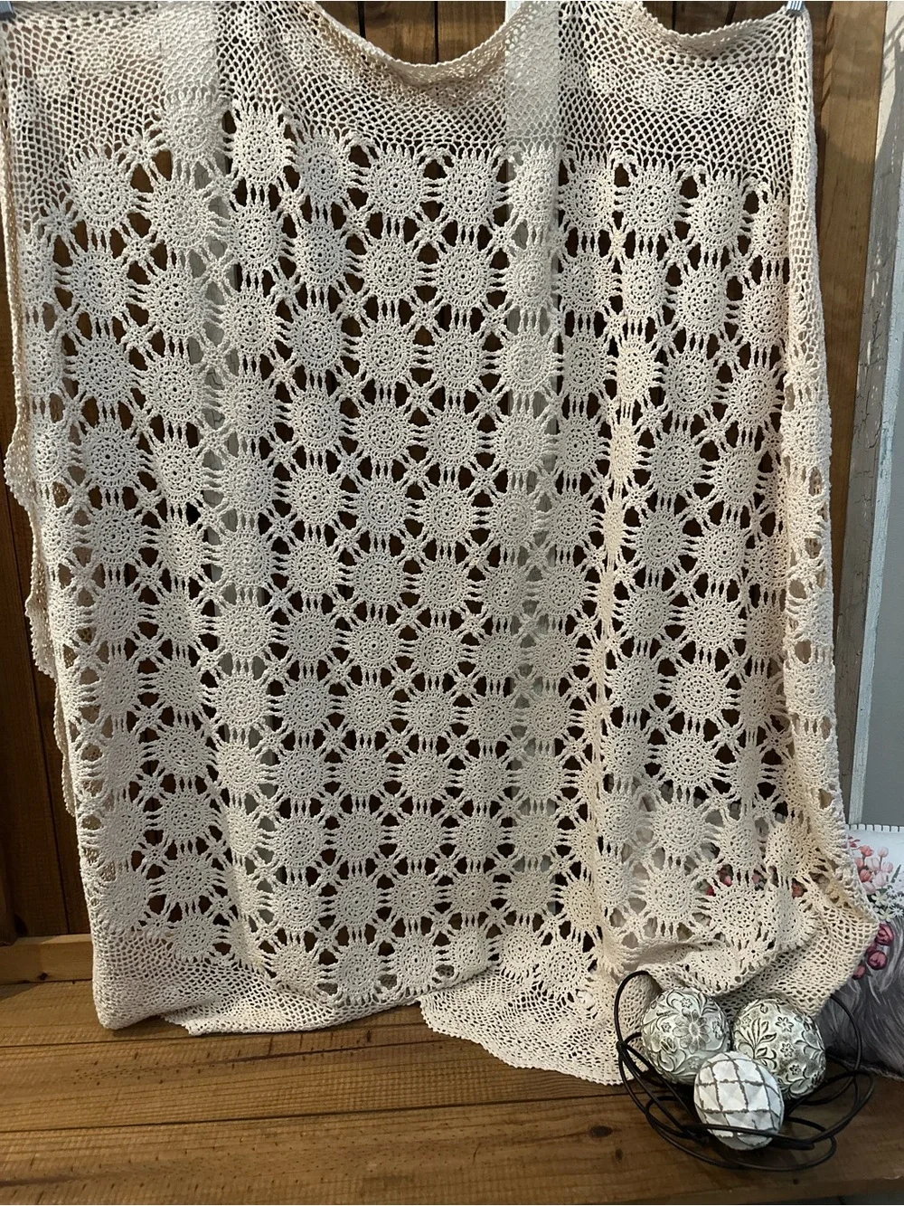 Handcrafted Oval Crochet Dining Room Table Cloth - Cream Crochet Openwork 65”x53